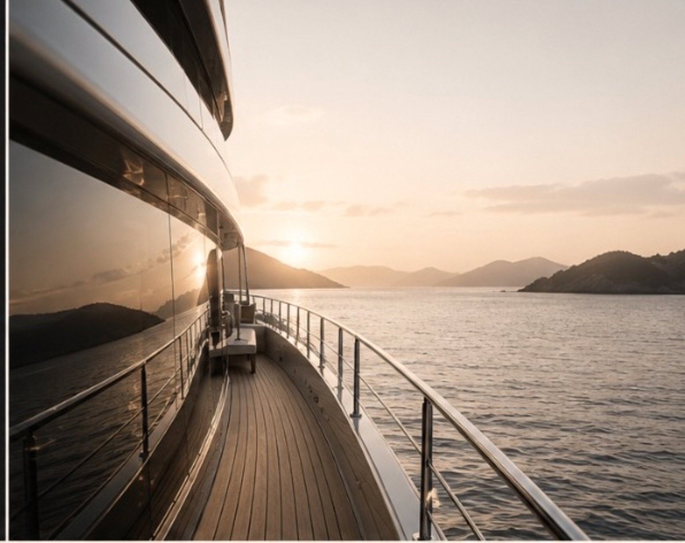 Teak side deck of a refined luxury motor vessel curving toward a calm sunset horizon